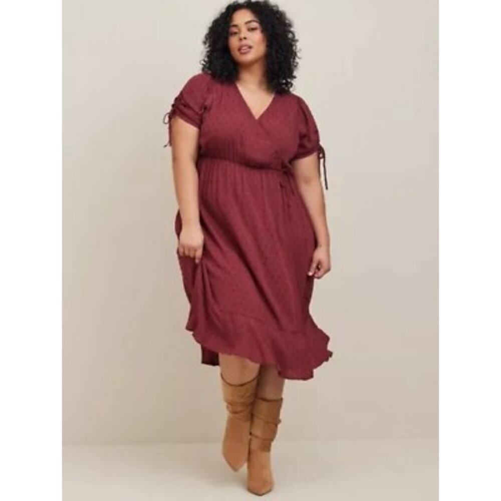 Torrid Midi Swiss Dot Surplice Dress in New Maroon